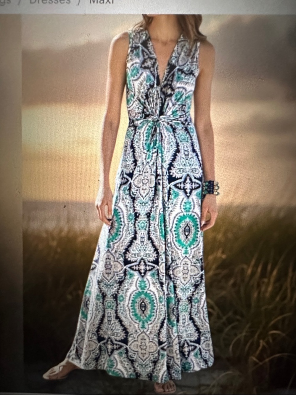 Soft Surroundimgs Sleeveless V-Neck Maxi Dress in Teal and Navy, size Medium